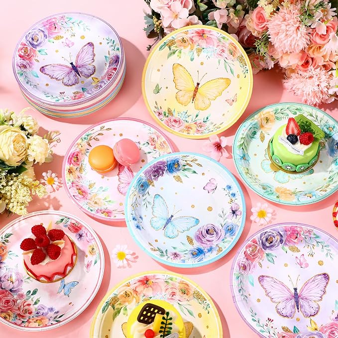 Funnymoom 60 Pcs 7 Inch Butterfly Birthday Party Plates Floral Paper Plates - Image 6