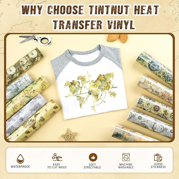 Tintnut Vintage Map Camo Heat Transfer Vinyl, easy cut & weed, stretch washable - Image 3