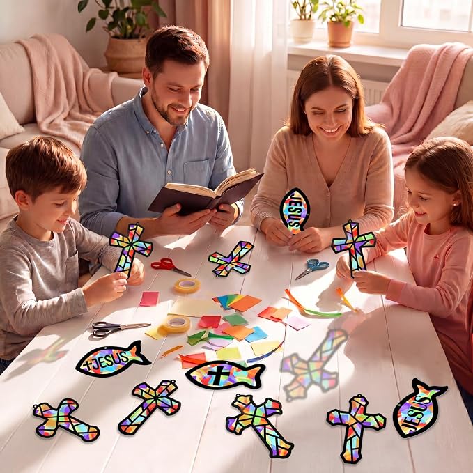 48PCS Sunday School VBS Crafts Bulk: Paper Cross Fish Nativity Suncatchers - Image 3