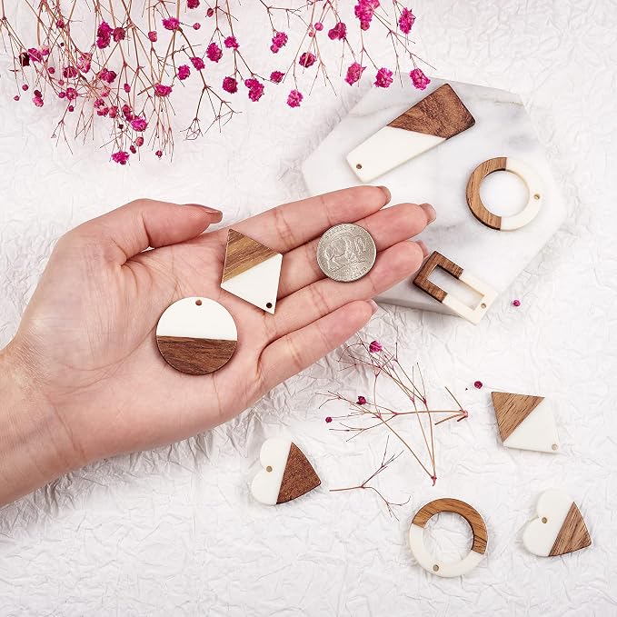 FASHEWELRY 12Pcs Resin Wooden Pendants 6 Styles Rectangle Rhombus Flat Round - Image 2
