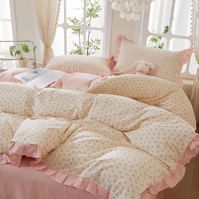 mixinni Pink Floral Duvet Cover Set Full Size – 100% Cotton Ruffle Lace Bedding - Image 2