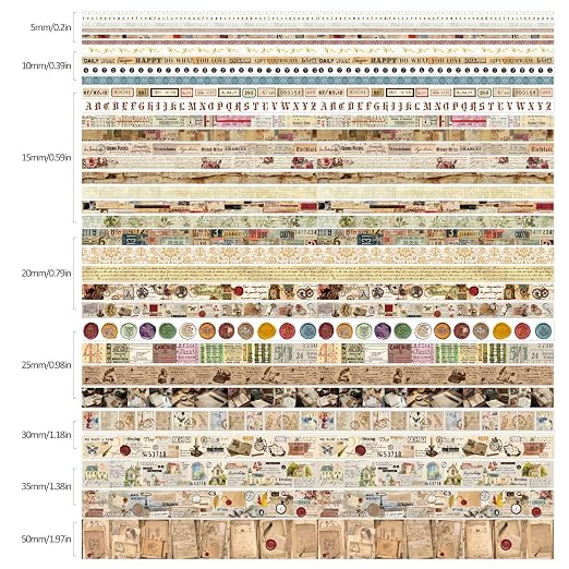 34 Rolls Vintage Washi Tape Set, Letter Map Stamp Stripe Literature Art - Image 3