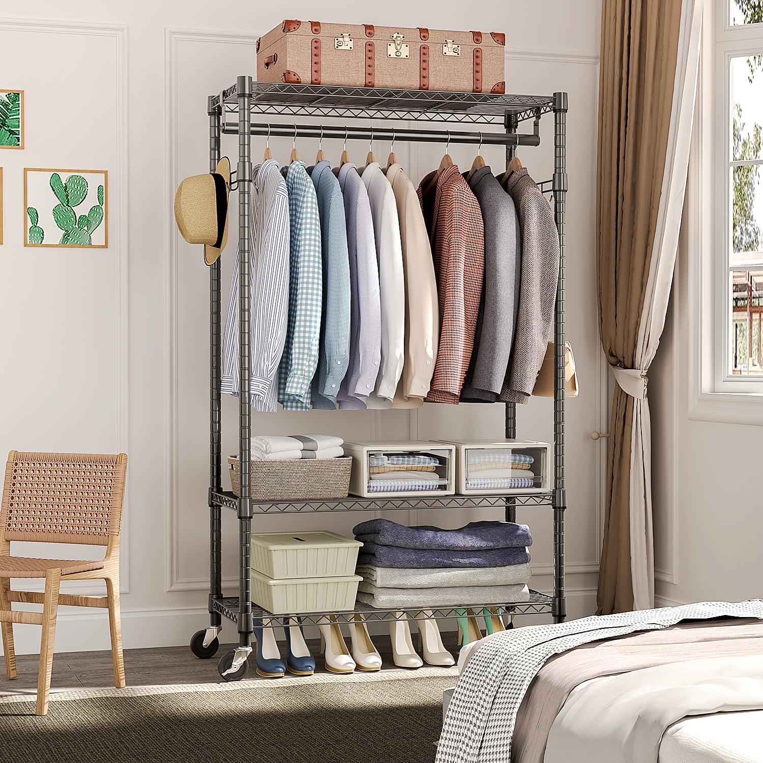 Heavy Duty Rolling Garment Rack 3 Tiers Adjustable Wire Shelving Clothes Rack with Rods and Side Hooks,Storage Closet Clothing Rack with Wheels Black 15.7" D x 29.5" W x 74.5" H