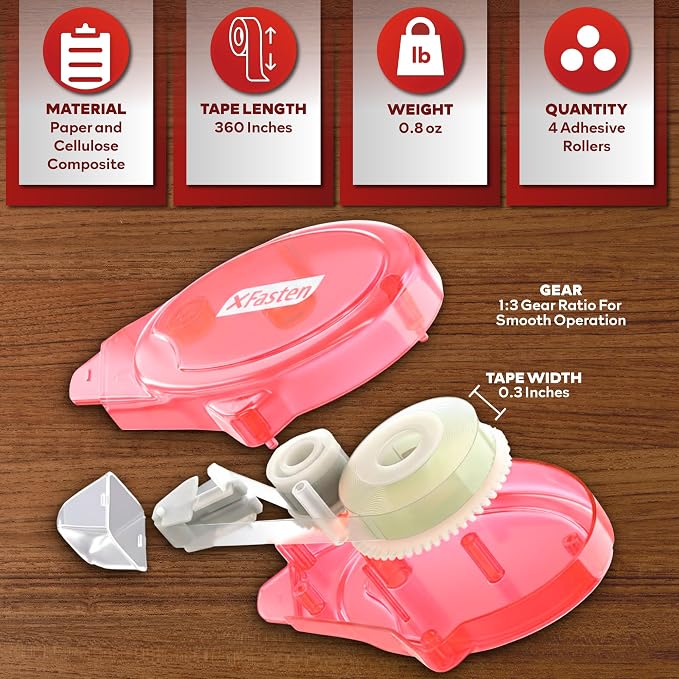 XFasten Glue Tape Roller Runner Pink, Photo-Safe, Zero-Jamming 0.3-inch x - Image 3