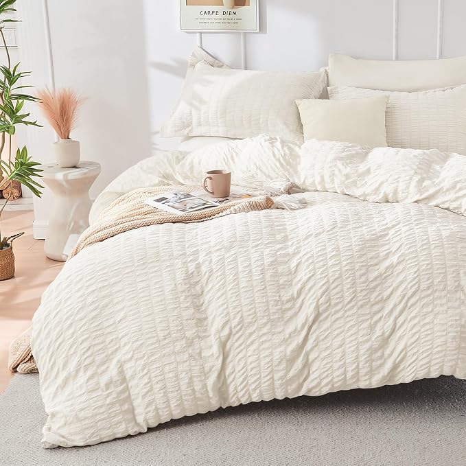 HYMOKEGE Ivory Full Size Comforter Sets Seersucker 7 Pieces, All Season Luxury - Image 2