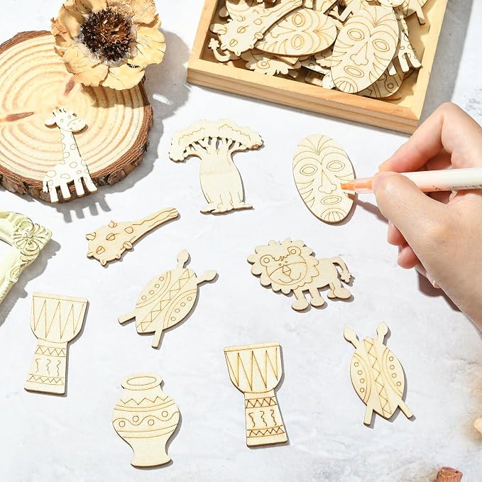 100 pcs Mixed Styles Grassland Animal Theme Unfinished Wooden Cutout Charms - Image 5