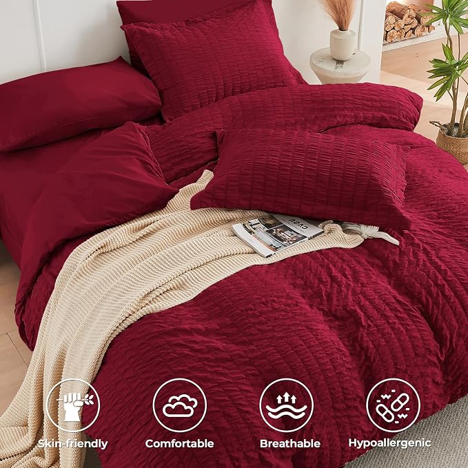 HYMOKEGE Burgundy Duvet Cover Queen Size, Ultra Soft 3-Piece Seersucker Duvet - Image 2