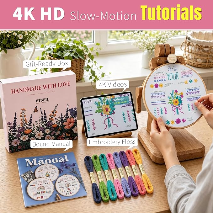 ETSPIL Beginner Embroidery Kit for Adults, No-Wash Finish, 4K Video | - Image 2
