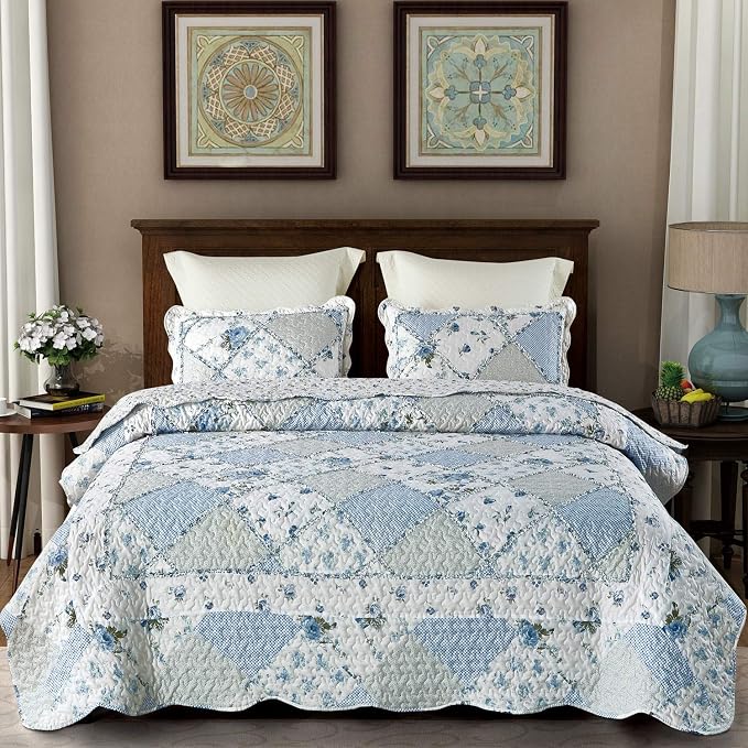 Oversized King Size Blue Floral Plaid Patchwork Quilt Set 128x120 Extra Wide - Image 3