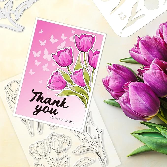 Stamps and Dies for Card Making, Mother's Day Tulip Stamps Die Cut Stencils - Image 6