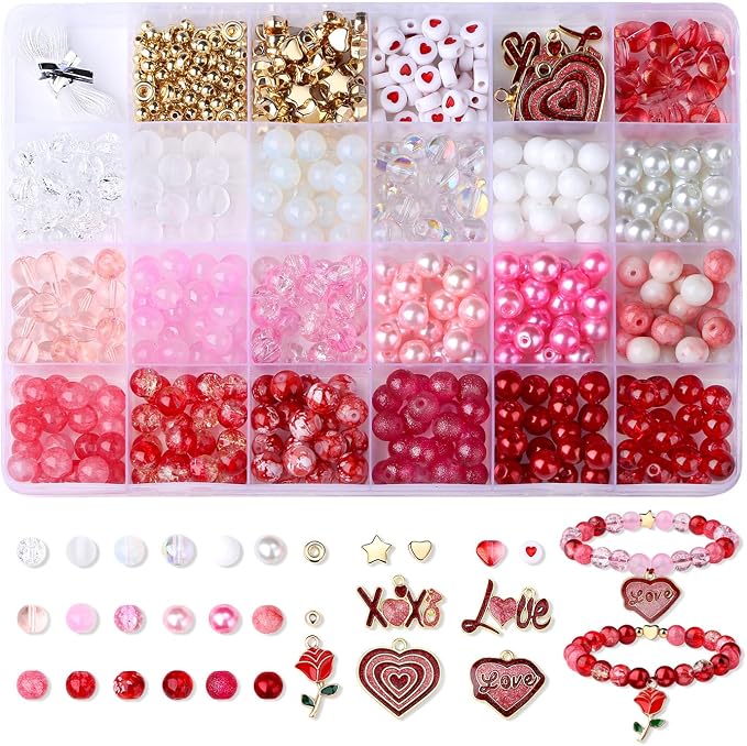 DUQGUHO Valentine's Day Beads for Jewelry Making, 8mm Red Pink White Glass by DUQGUHO