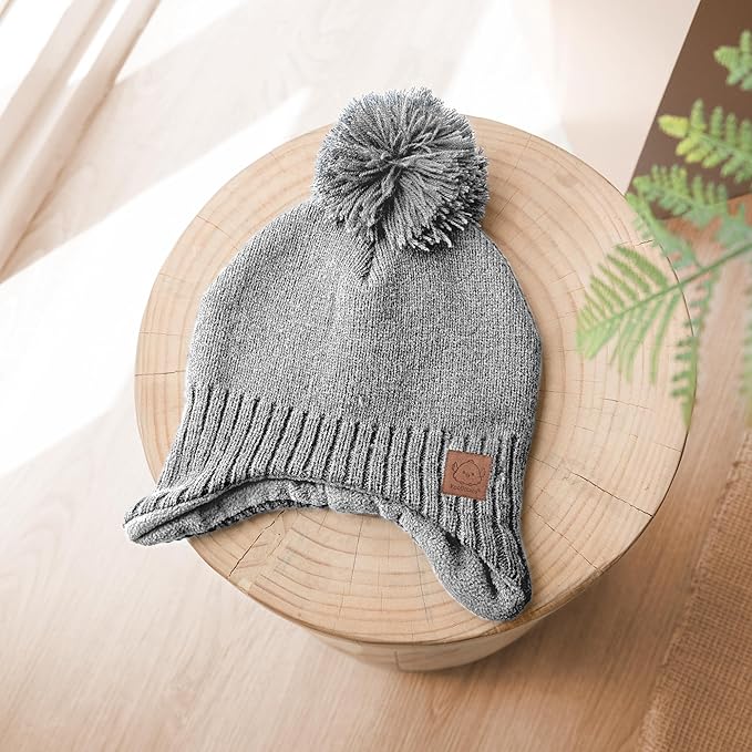 Baby Beanies, Baby Hats for Boys, Girls - Cute Toddler Winter Hat, Soft & Stretchy Beanies for Infant, Newborn 6-36 Months, Cozy & Warm with Earflap Muff & Pom (Gray)
