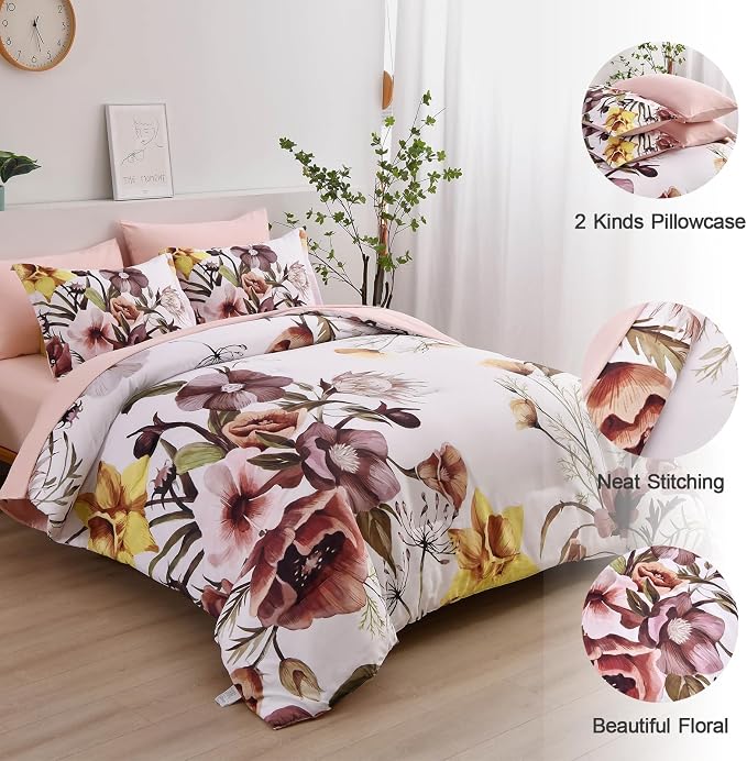 Luxudecor Floral Comforter Set King Size 7 Piece, Blush Flower Bed in a Bag - Image 6