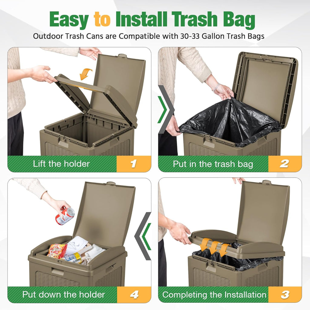 Flamaker 30 Gallon Trash Can, Resin Outdoor Garbage Can with Lid, Waterproof Hideaway Patio Waste Bins for Outside Use (Brown)