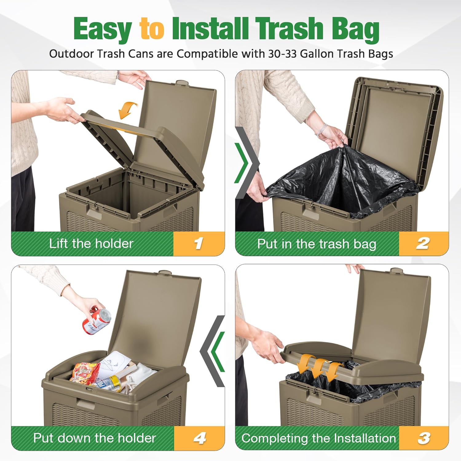 Flamaker 30 Gallon Trash Can, Resin Outdoor Garbage Can with Lid, Waterproof Hideaway Patio Waste Bins for Outside Use (Brown)