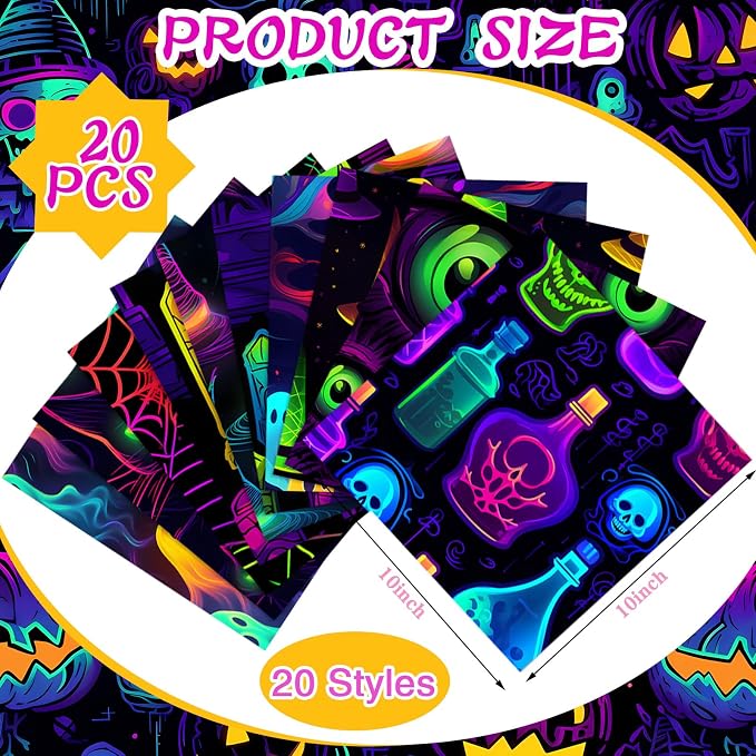 HunnmingRe 20 Pcs 10''x10'' Neon Halloween Quilting Fabric Square Spooky Ghost - Image 2