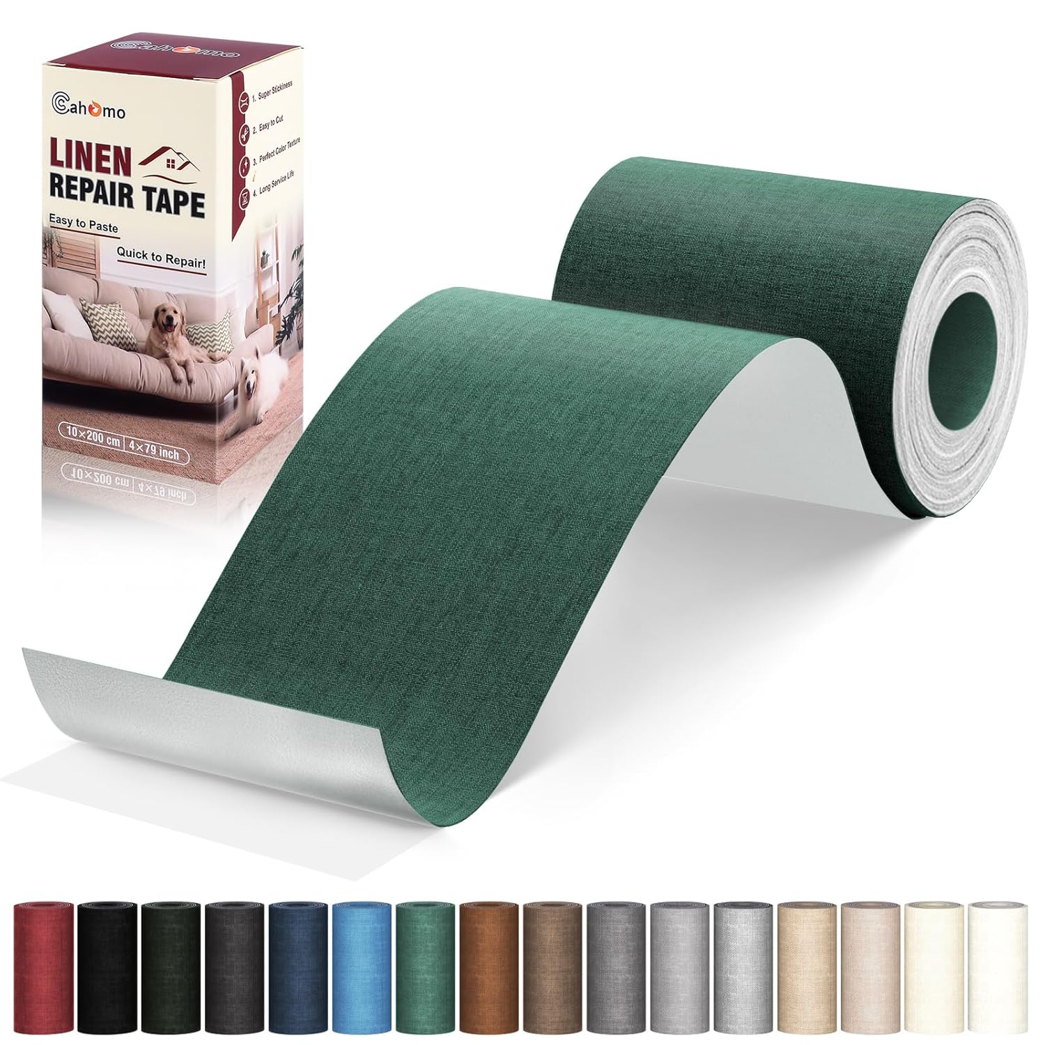 Linen Repair Tape 4x79 inch, Self Adhesive Fabric Patches, Linen Patch Tape Kit, Fabric Repair Tape for Couch Sofas, Headboards, Chairs, Pillows, Curtains, Couches - Green