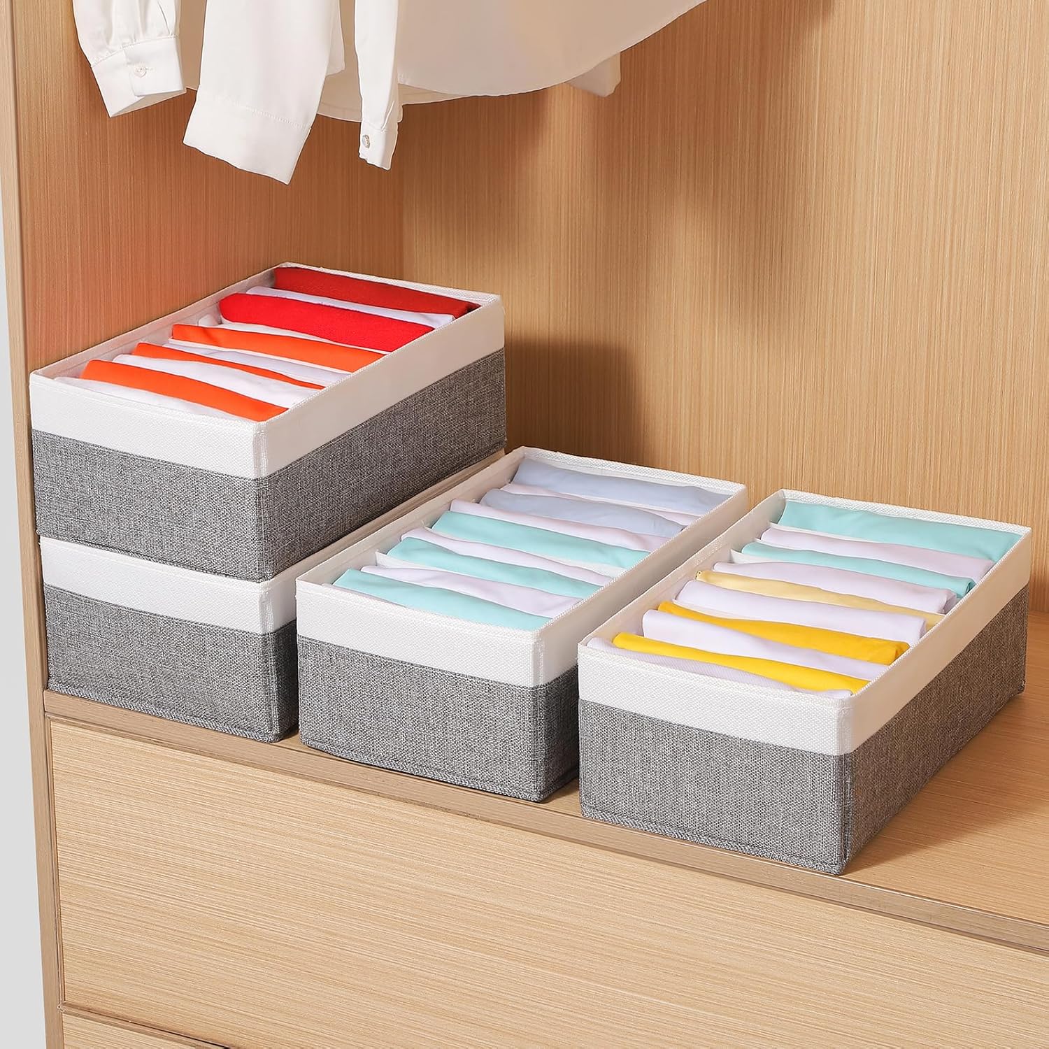 4 Packs T-shirt Drawer Organizers for Clothing,10 Grids Compartment Wardrobe Storage Box, Clothes Organizer for Folded Clothes, T-shirt, Legging-15.75''x9.06''x5.91''-GreyWhite