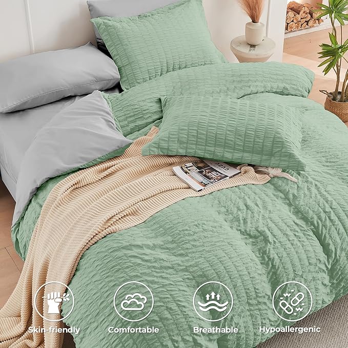 HYMOKEGE Sage Green/Light Grey Twin XL Comforter Set Seersucker 5 Pieces - Image 3