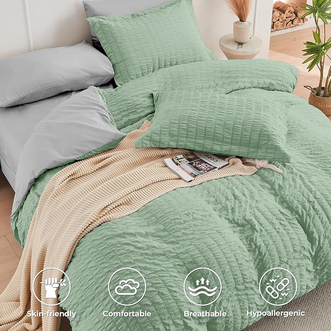 HYMOKEGE Sage Green/Light Grey Full Size Comforter Sets Seersucker 7 Pieces - Image 3