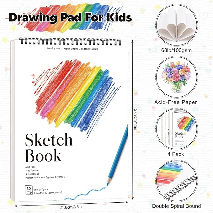 4 Pack Sketch Books, 8.5 x 11 Inch Mini Sketchbook, 68lb/100gsm Spiral Bound - Image 2