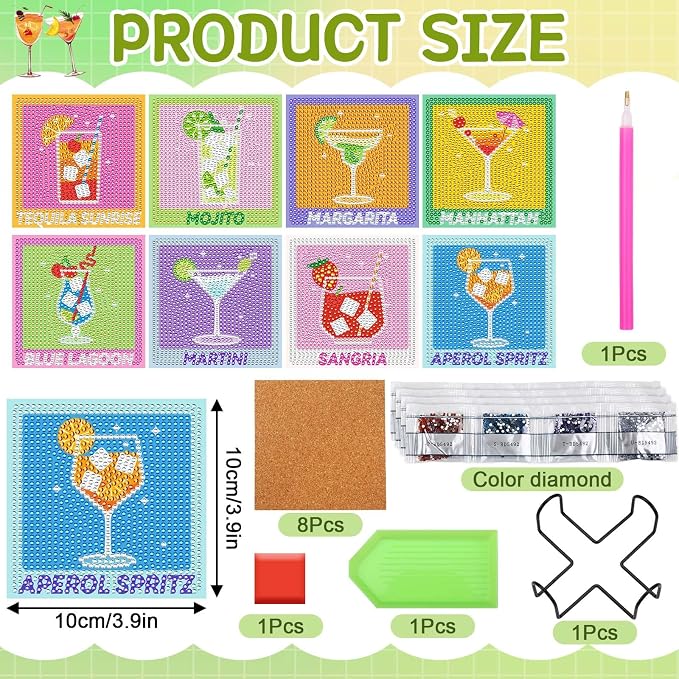 UPINS 8Pcs Cocktail Diamond Art Coasters, Summer Beach Diamond Art Coasters - Image 2