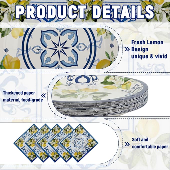 250 PCS Capri Lemon Party Tableware Supplies, Disposable Blue Paper Plates Cups - Image 3