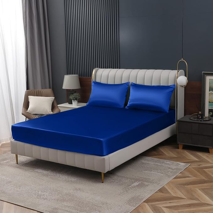 Homiest Royal Blue Satin Fitted Sheet Queen Size, Deep Pocket, Luxury & Ultra by Homiest