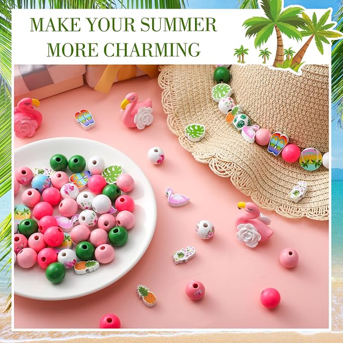 Bencailor 200 Pcs Flamingo Wood Beads Summer Wooden Beads - Image 3