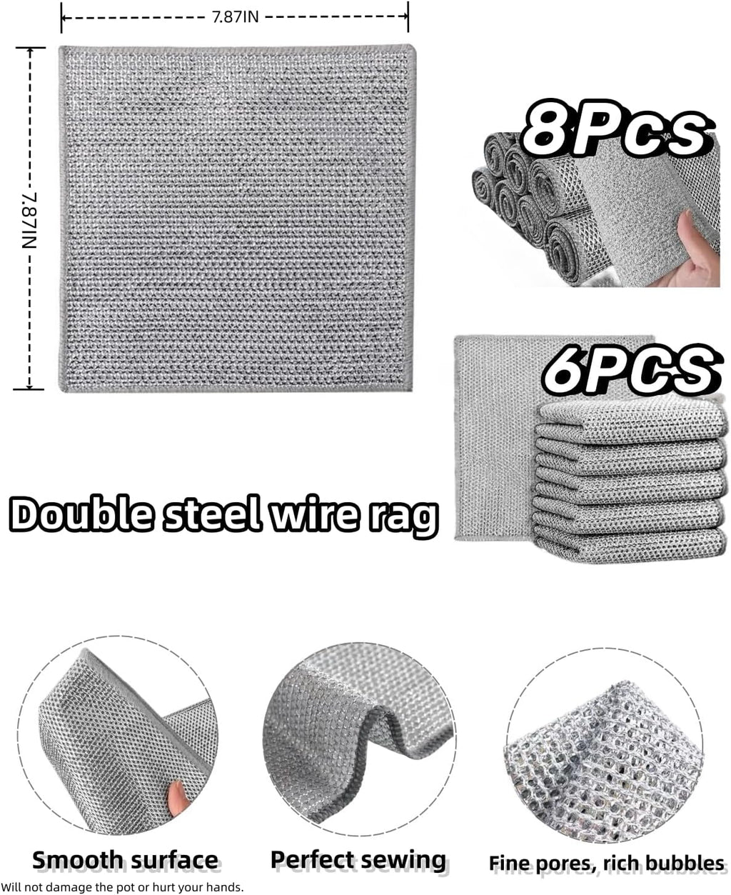 Stainless Steel Scrubber and Cleaning Rags - Non Scratch Wire Dishcloth for Washing Dishes, Steel Wool Scrubber and Dish Towels for Kitchen (6PCS)