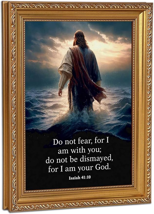 Vintage Gold Framed Jesus Wall Art Jesus Walking on Water Christian Canvas by Unknown