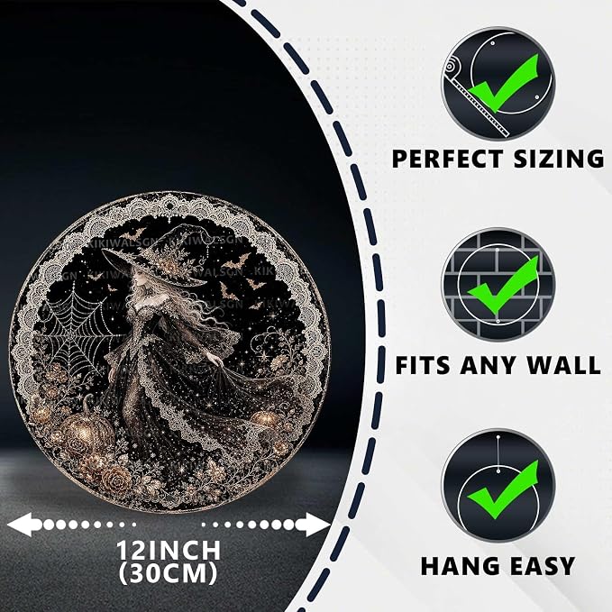 Elegant Gothic Witch Halloween Metal Tin Sign Round Wall Decor Black Dress Gold - Image 2