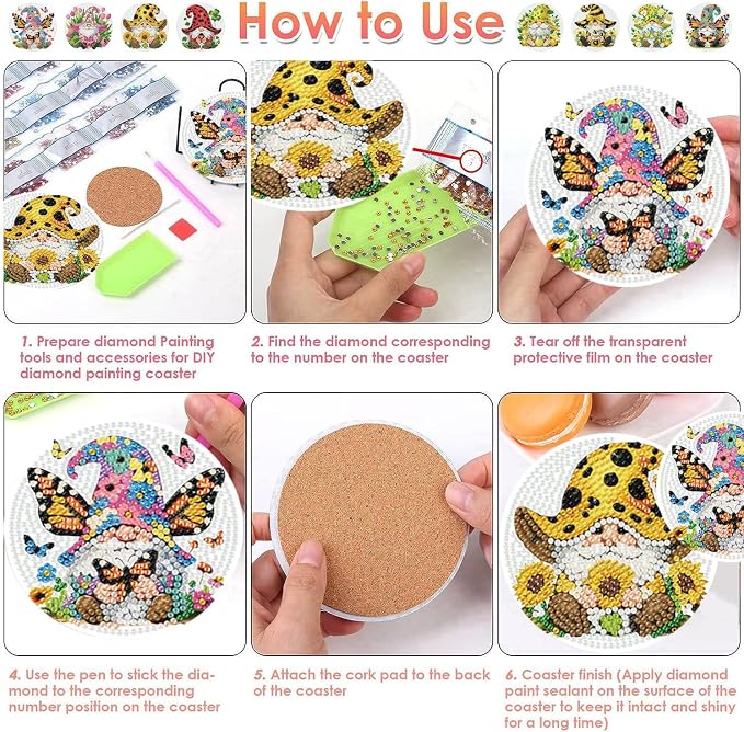 ijbnhd 8 PCS Diamond Art Coasters Gnomes Diamond Painting Coasters | Diamond - Image 7