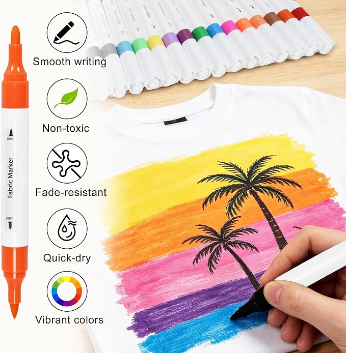 15 Dual Tip Fabric Marker Kit, Permanent Fabric Paint Markers | No-Bleed Fabric - Image 2