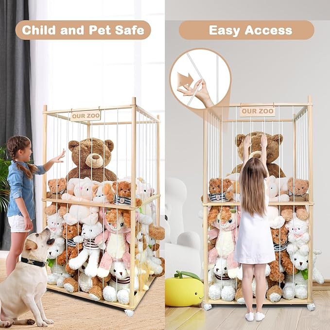Stuffed Animal Storage, Wood Stuffed Animal Zoo Storage with Brake Wheels, Extra Large Capacity Plush Toy Cage, Space Save Toy Organizer with Kids, Perfect for Nursery Playroom Kidroom Bedroom