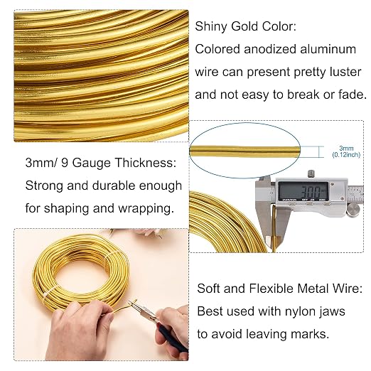 Fashewelry 82 Feet 9 Gauge Round Aluminum Wire 3mm Golden Bendable Metal Craft - Image 2