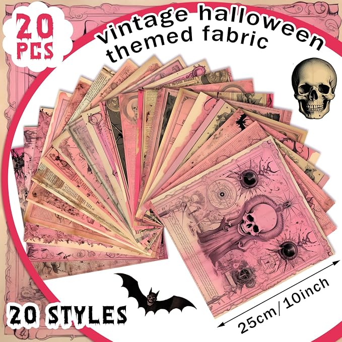 HunnmingRe 20 Pcs 10''x10'' Pink Halloween Quilting Fabric Square Vintage - Image 2