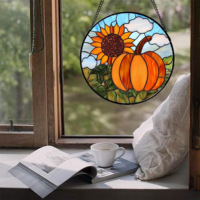 DASTOLL Stained Glass Window Hanging Fall Farm Scenery Sunflower Pumpkin 7.8" - Image 5