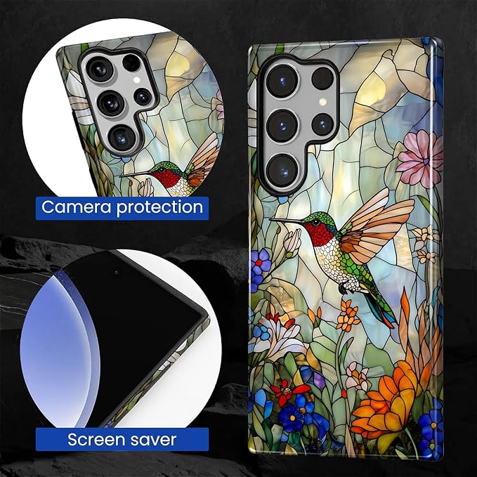 for Samsung Galaxy S24 Ultra Case, Hummingbird Wildflower Stained Glass Pattern - Image 7