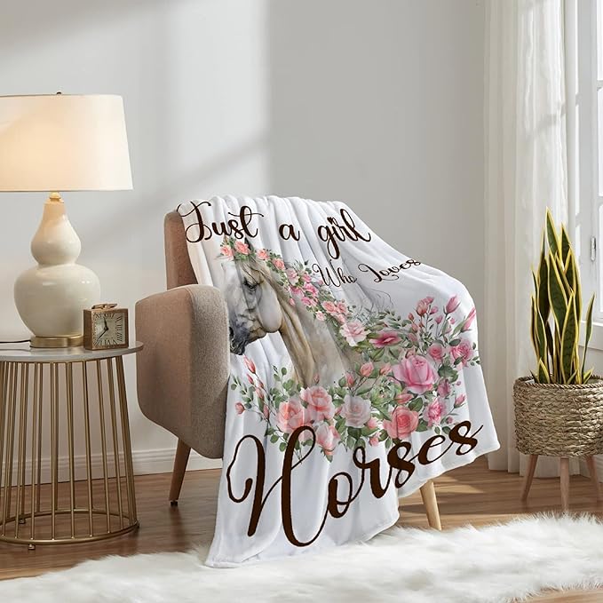Just A Girl Who Loves Horses Blanket for Boys Girls, Flowers Animals Kids Throw Blanket Gift for Child, Fluffy Cozy Soft Lightweight Blankets for Bed Office, 40x50 Inches