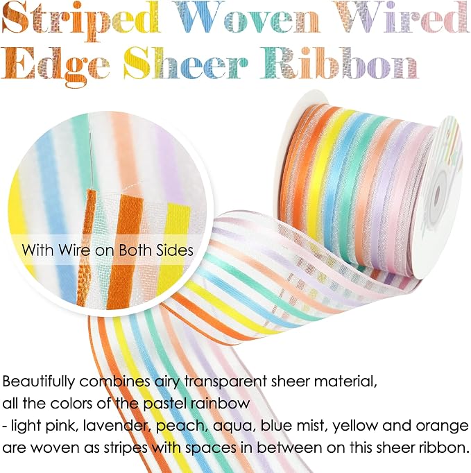 HUIHUANG Pastel Striped Sheer Wired Ribbon 2.5 inch X 10 Yards Rainbow Stripes - Image 4