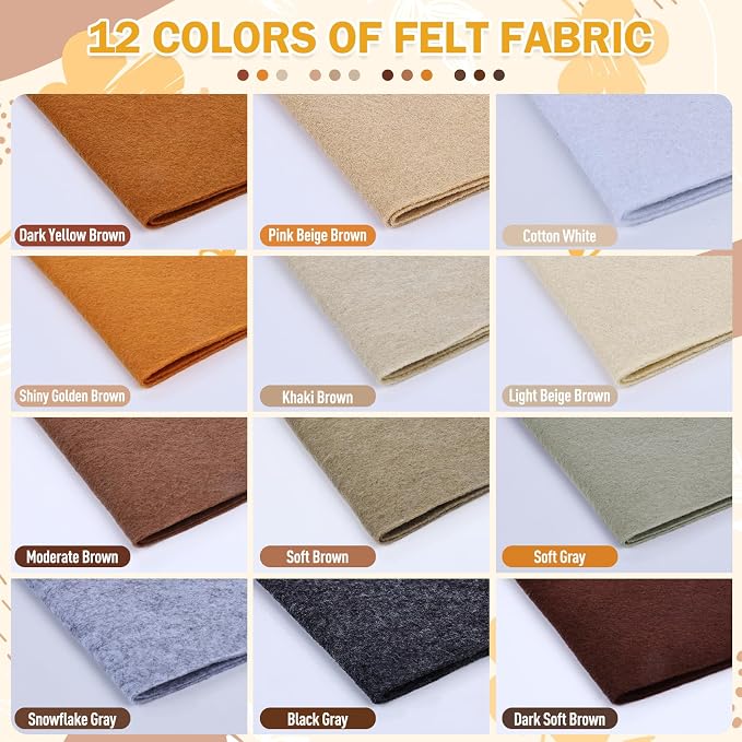 12 Rolls 8"x35" 1.4mm Thick Soft Felt Fabric Sheet 12 Assorted Brown Series - Image 2