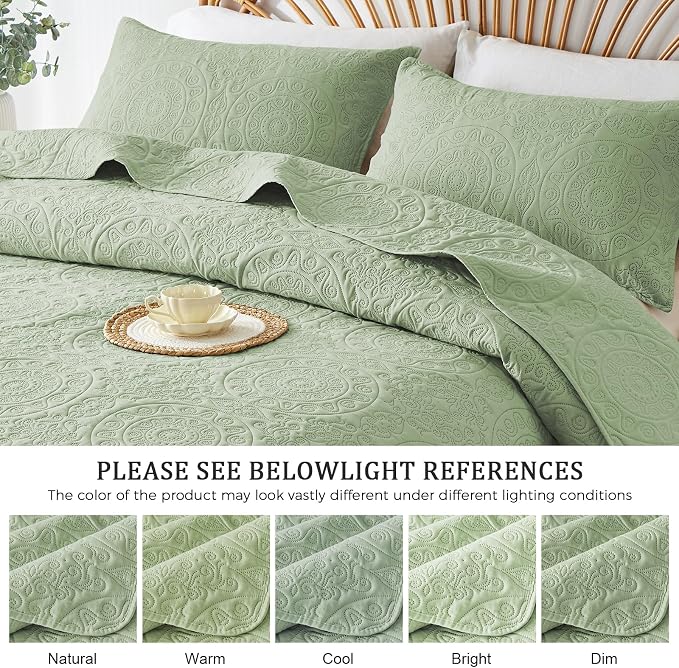 WURUIBO Sage Green Quilt Set Queen Size, Embossing Microfiber Full Bedspreads - Image 5