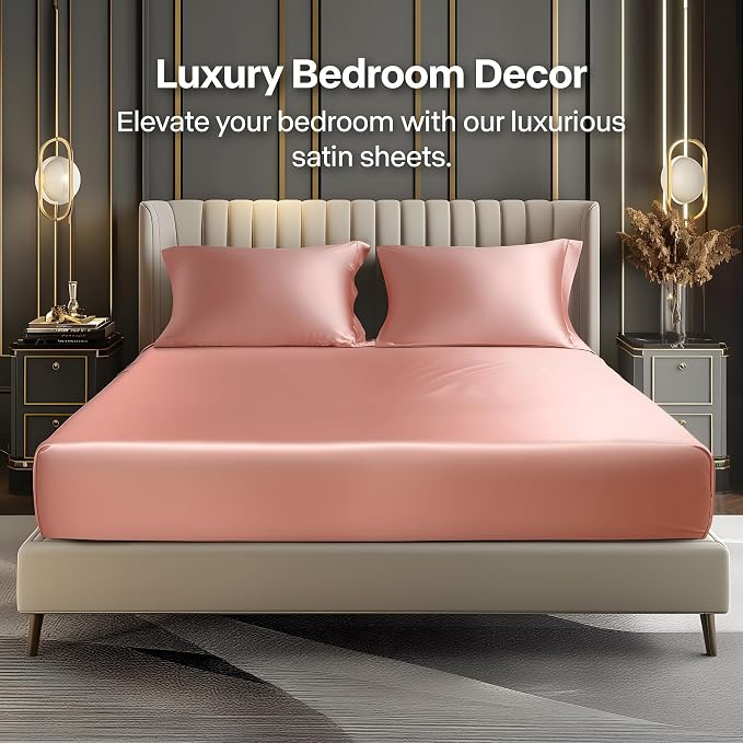BEDELITE Satin Fitted Sheet and Pillowcases Set, Soft Similar to Silk Bottom - Image 2