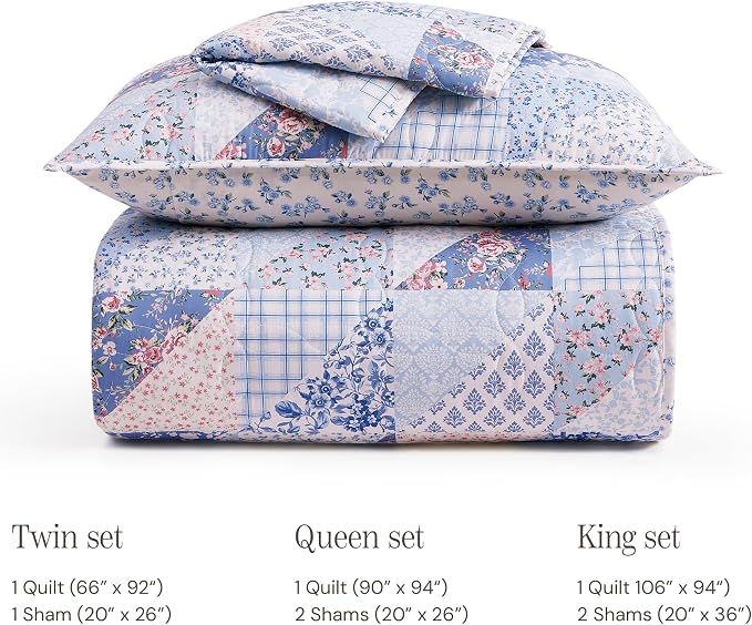 BLOOMHAVEN Quilt Set King Size, Patchwork Blue Pink Marigold Floral Quilt Sets - Image 8