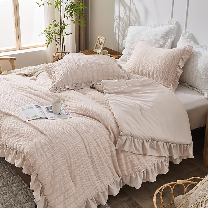 JOLLYVOGUE Beige Queen Comforter Set, 3 Pieces Seersucker Comforters Queen Size - Image 7