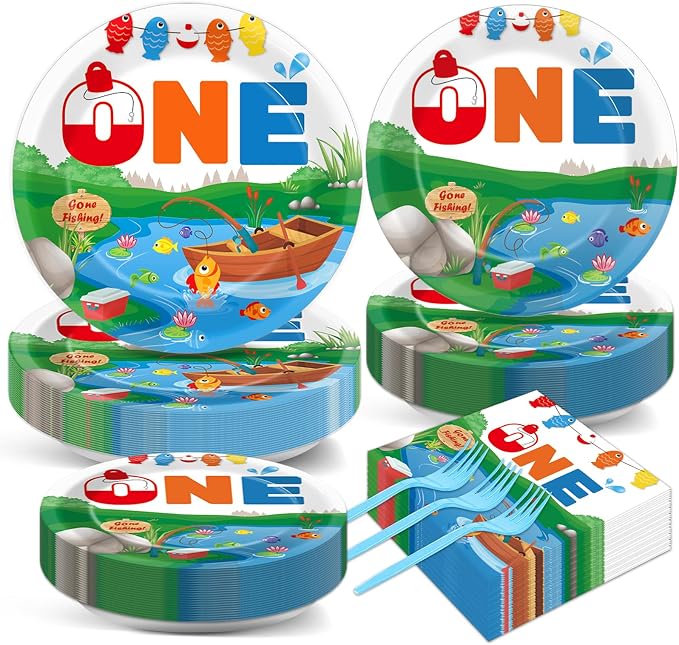50 GuestsGone Fishing Plates and Napkins Party Supplies Ofishally One Birthday by Qyeahkj