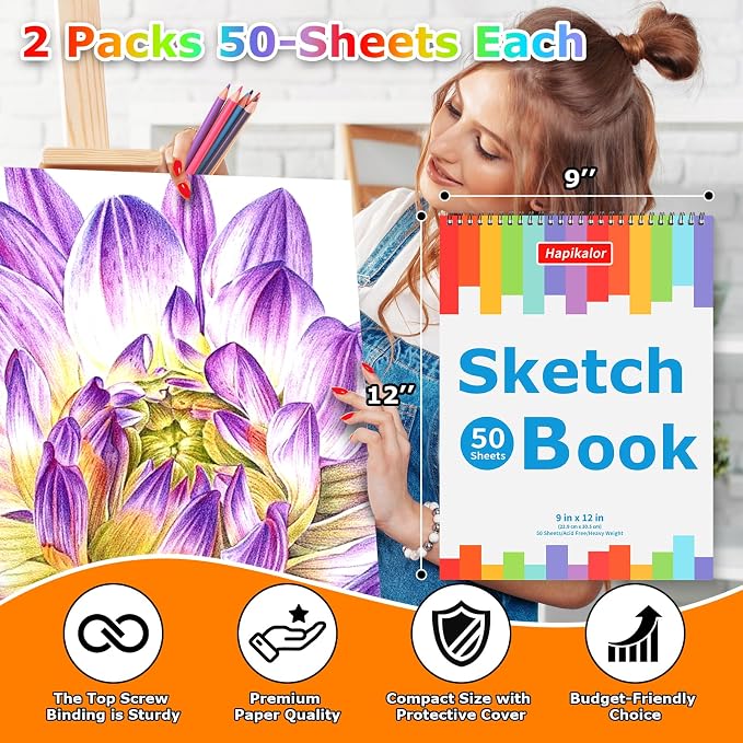 4 Pack 9x12 Sketch Book Spiral Bound, 50 Sheets Each 100gsm/68lb Acid-Free - Image 4