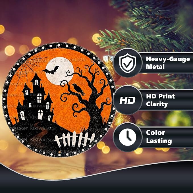Haunted House Halloween Metal Tin Sign Round Wall Decor Bat Crow Dead Tree - Image 4