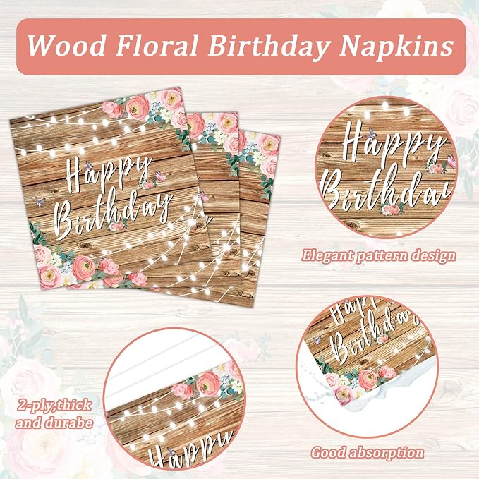 96PCS Spring Floral Birthday Party Plates Wood Grain Pink Flower Rustic - Image 4